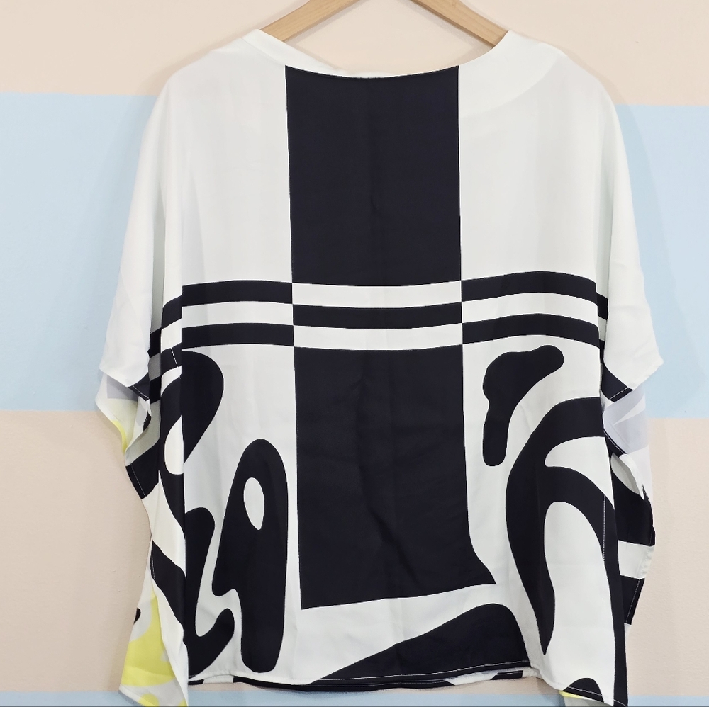 Ador Satin Silk Shirt Magyar Sleeve Flowy Graphic Blouse - Picture 7 of 10